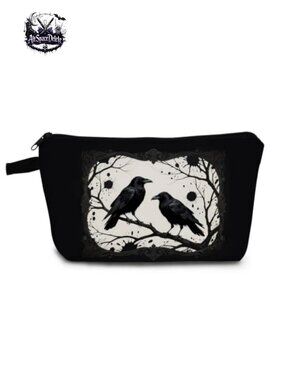 Crow Print Small Cosmetic Bag Padded Polyester Zipper Toiletry Organizer